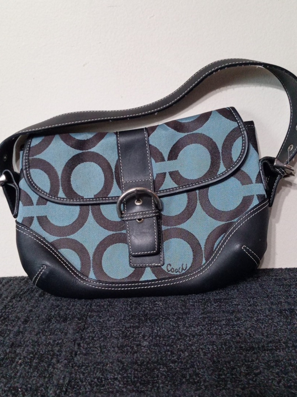 Coach Teal Signature Canvas Shoulder Bag with Black Trim